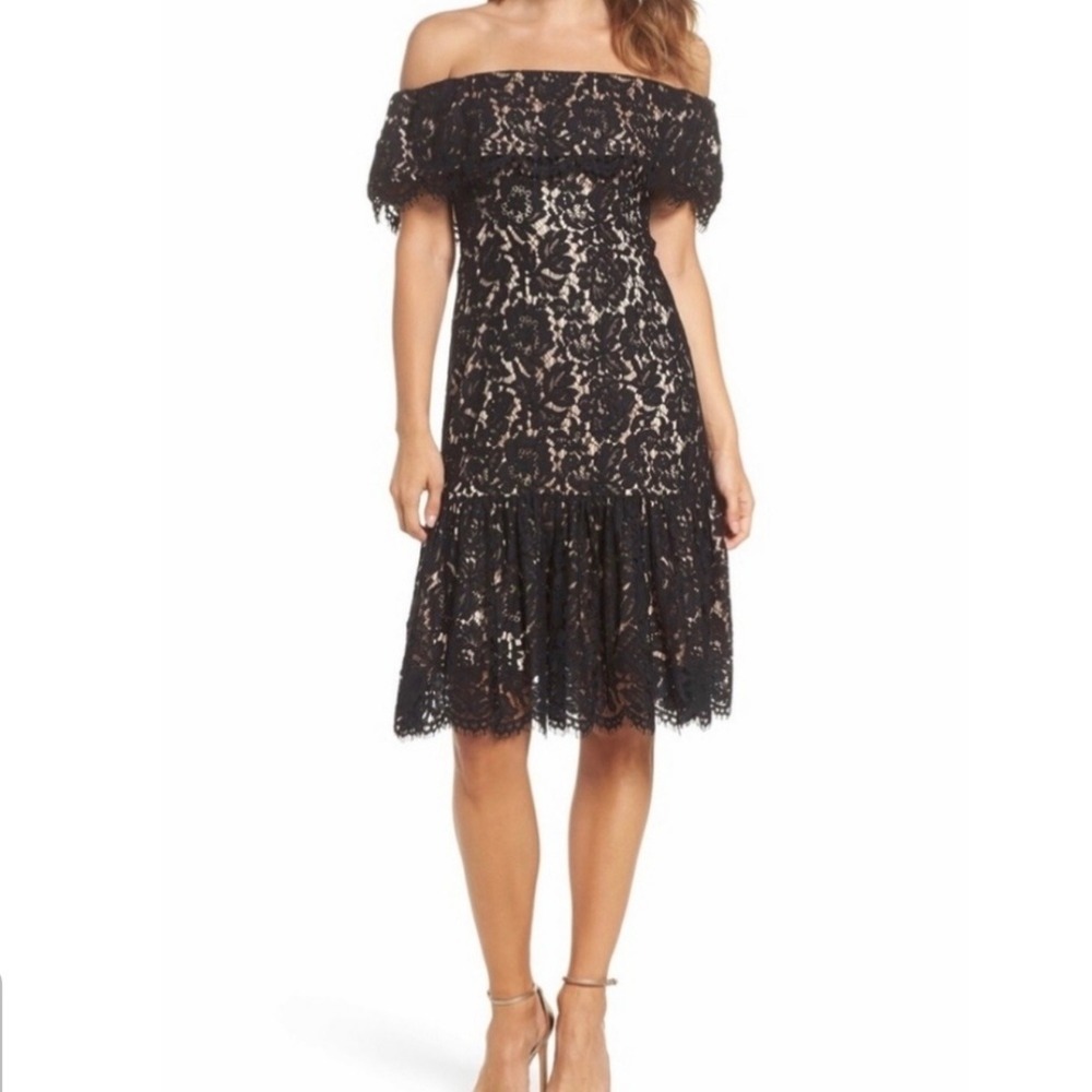 Eliza J Black Lace‎ Off The Shoulder Mini Dress Size 2 Petite